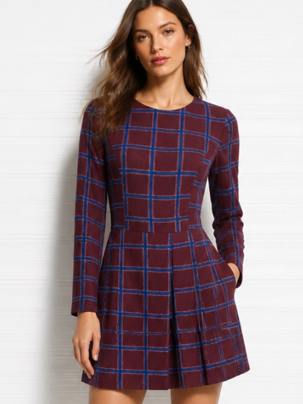 GIANNI BINI Dress Plaid Fit Flare Pleated Plum Red Blue Mini Size XS